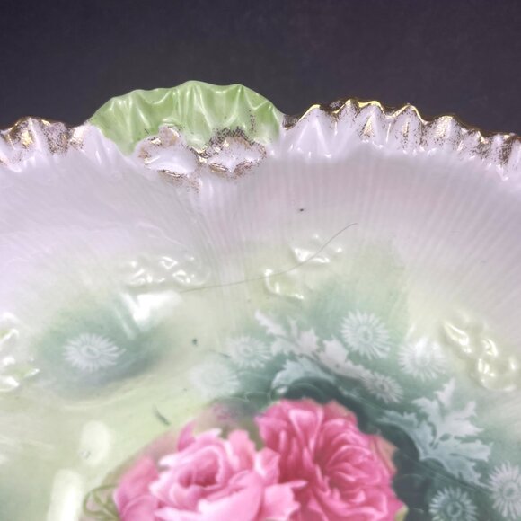 ANTIQUE RS PRUSSIA 1900 Serving Bowl Ribbed Mold With Roses on Green 9in*2.5 in - Picture 6 of 8